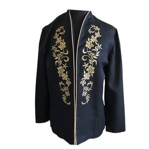 Elizabeth Williams Womens Open Front Black Floral Embroidered Gold Trim Jacket